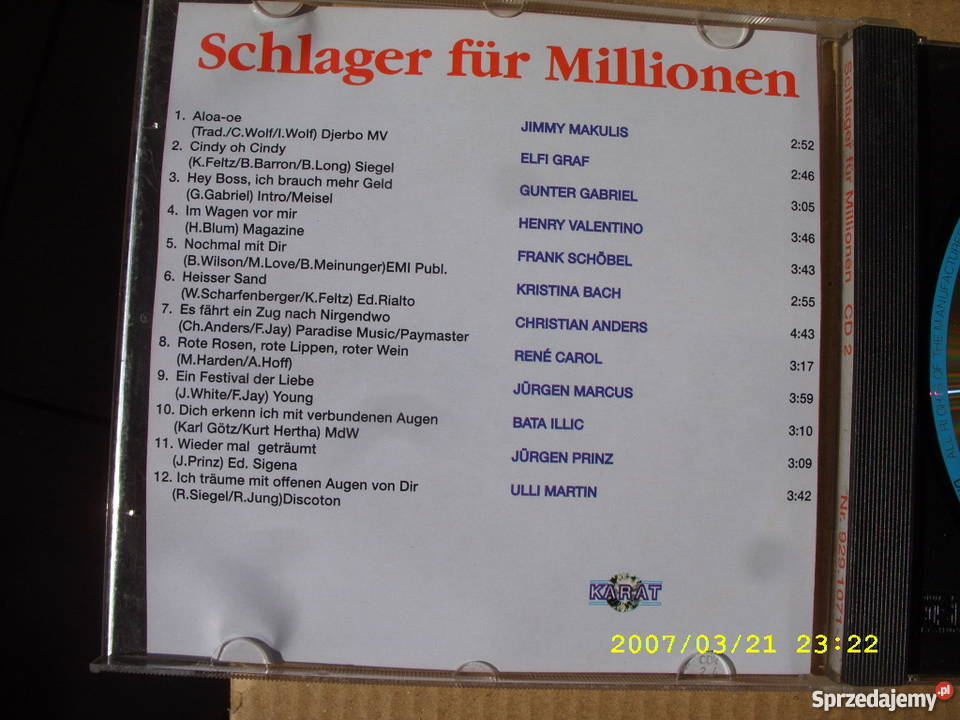 CDSCHLAGER FUR MILLIONEN CD 2 KARAT Płyty i kasety dolnośląskie Wołów