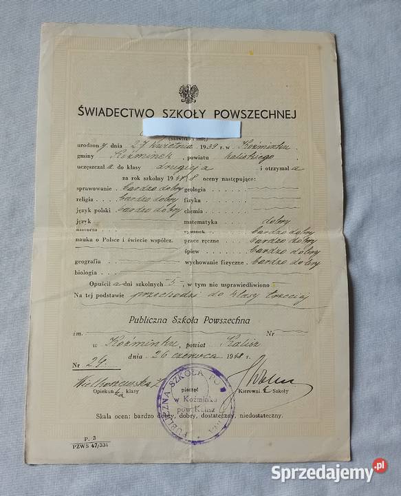 Świadecztwo ukończenia klasy 2 szkoły Koźminek