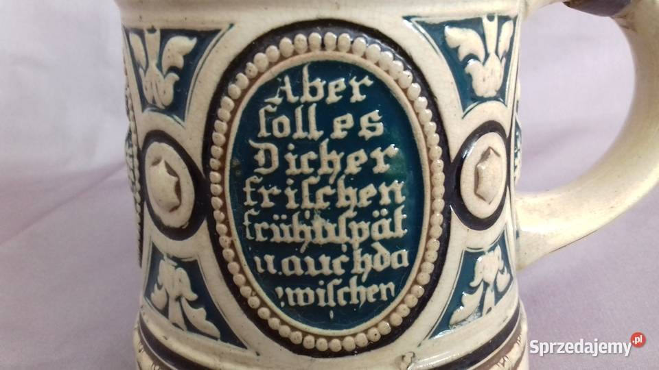 Stary kufel ceramiczny sygnowany z cynowa Wrocław