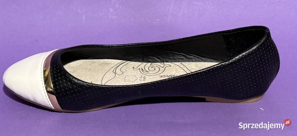 Czarne baleriny z białym czubkiem skórzana Żyrardów