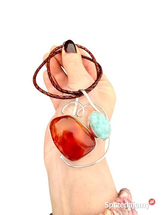 Wisiorek srebro 925 bursztyn bałtycki Larimar Pomlewo