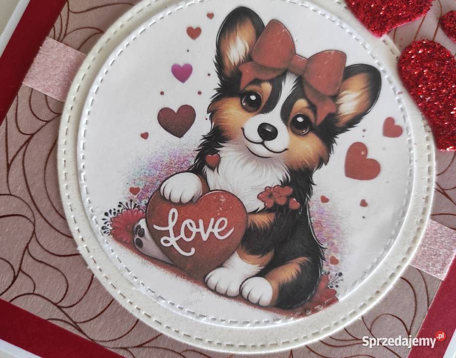 Kartka ręcznie robiona na Walentynki z pieskiem Rękodzieło Łódź