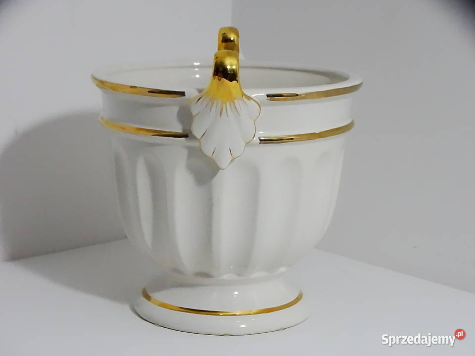 Wazon ceramiczny z uchwytami biały ze złotem Biłgoraj