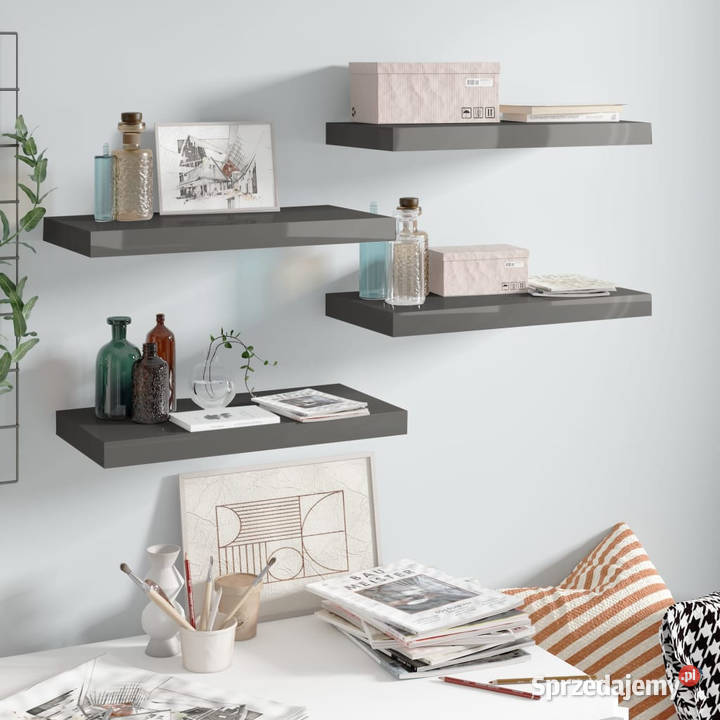 Półki ścienne 4 wysoki połysk szare 50x23x38 MDF