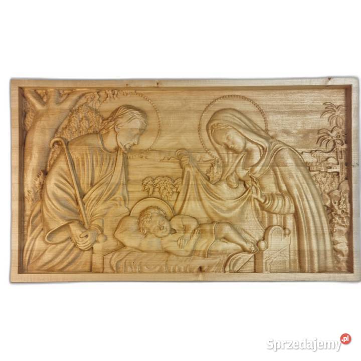 Drewniana płaskorzeźba Święta Rodzina Boże zachodniopomorskie Malechowo