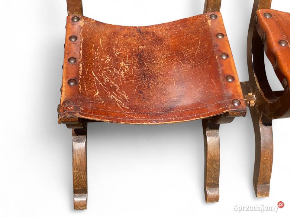 Zestaw 3 dębowych krzeseł vintage skóra Gryfice