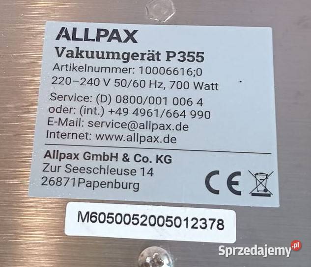 Allpax Pakowarka próżniowa P355 podkarpackie Tyczyn