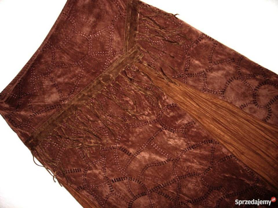 Długa Spódnica Frędzle Imitacja Zamszu 38 M brązowy/beżowy