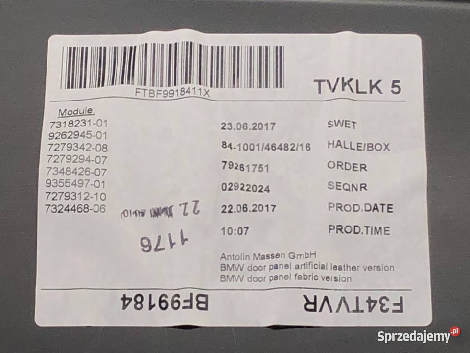 BOCZEK DRZWI PRAWY PRZÓD BMW F34 Hatchback