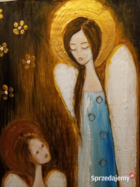 anioły malowane na desce