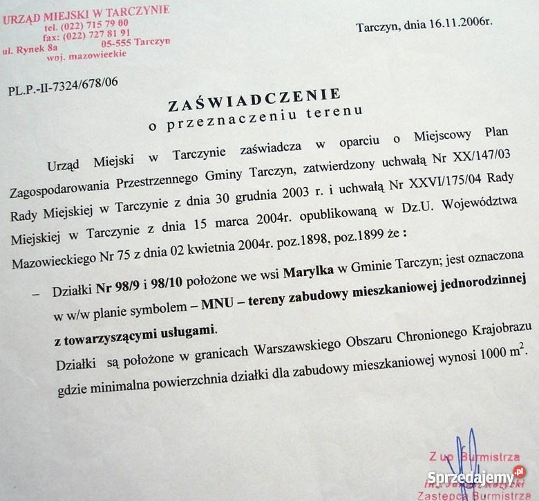 działkę budowlaną 1270 m2 w m Marylka gm Tarczy 26m Marylka