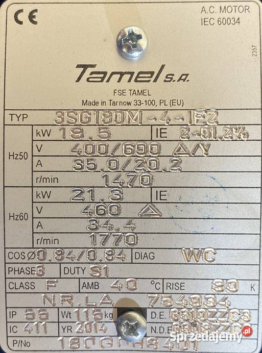 silnik elektryczny 213kW 1470obr 3fazowy Tamel kujawsko-pomorskie Pigża