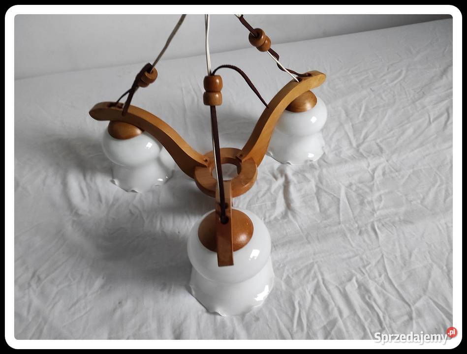 Żyrandol lampa sufitowa 3 żarówki szkło i drewno biały Płock