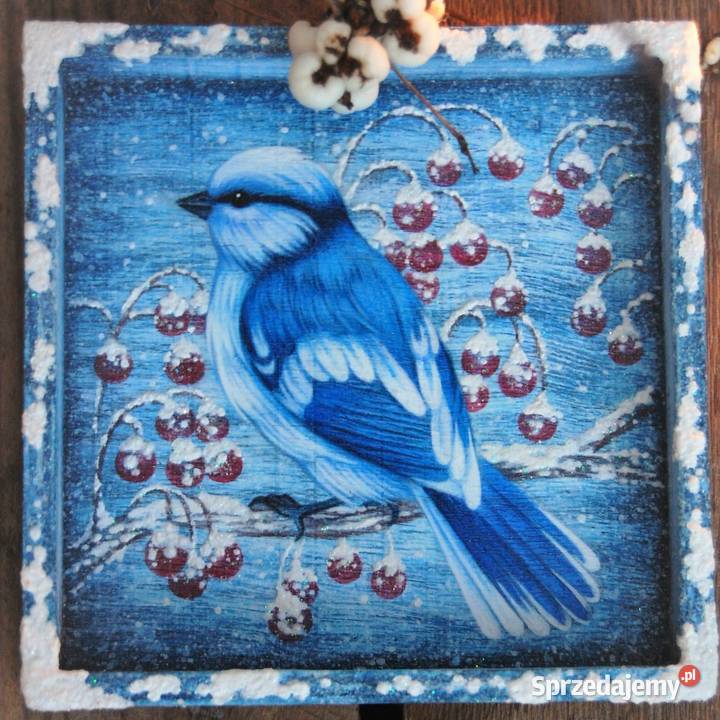 Drewniana tacka malowana ptak sikora lazurowa odcienie błękitu lubelskie Lublin sprzedam