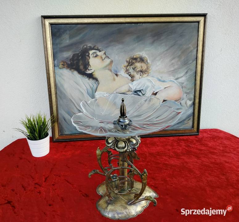 Duza bajeczna mosiężna patera owocarka Liść Kęty