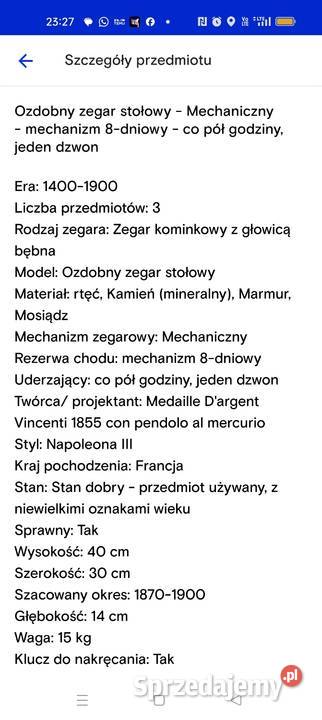 ZEGAR KOMINKOWY Antyki Bielsko-Biała