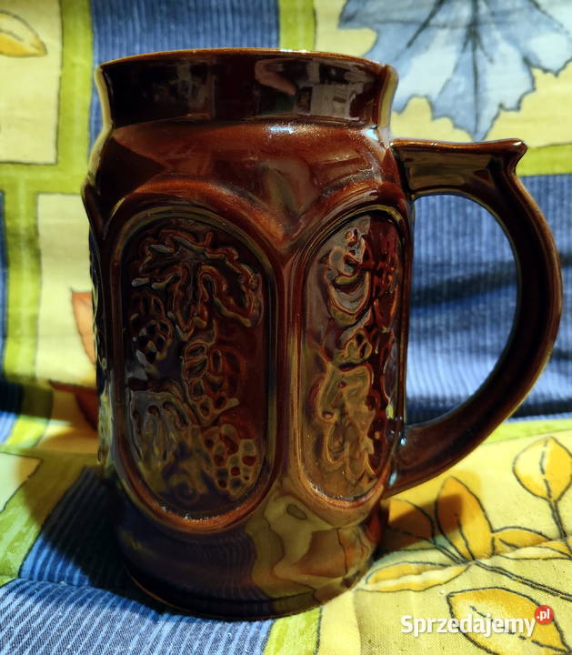 Gliniany ozdobny kufel do piwa retro vintage PRL Lublin
