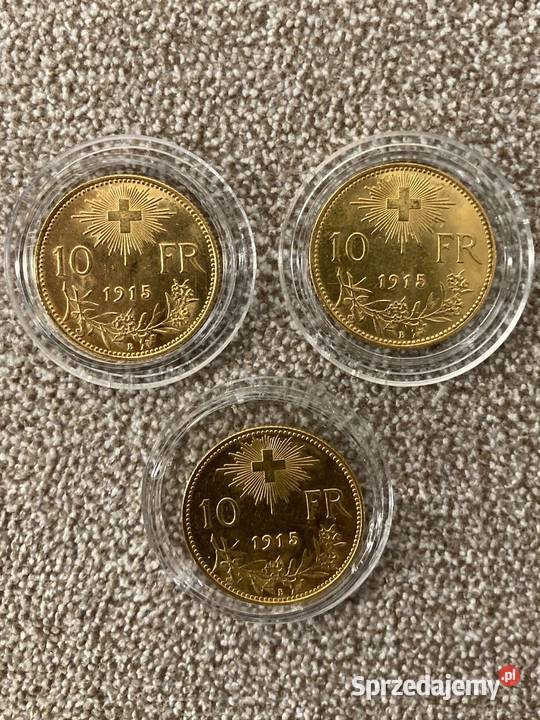 Zestaw 3 złotych monet 10 FR 1915 Helvetia Białystok sprzedam