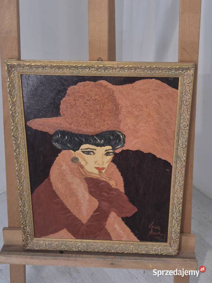 obraz portret kobiety olej na desce sygnowany Poddębice