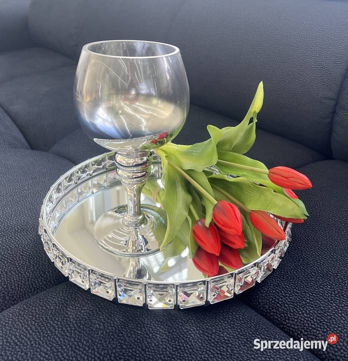 srebrna lustrzana okrągła patera z kryształkami Nowy Sącz