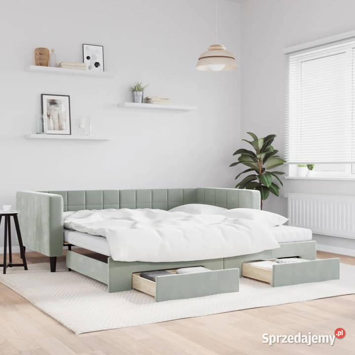 Sofa rozsuwana z szufladami jasnoszara aksamit Warszawa sprzedam