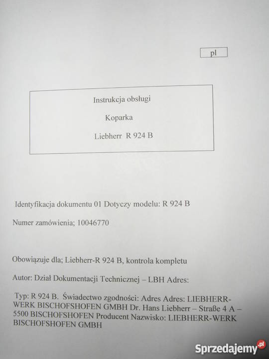INSTRUKCJA OBSŁUGI DTR LIEBHERR R924 B i iNNE Rok wydania 2008 Szczecin