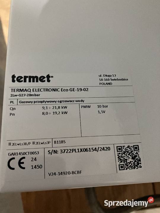 Gazowy podgrzewacz wody Termet TERMAQ ELECTRONIC Lubsko
