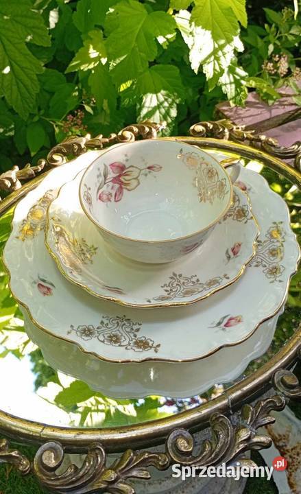 TRIO BAWARIA Z KORONĄszlachetna elegancjareliefy Porcelana i szkło