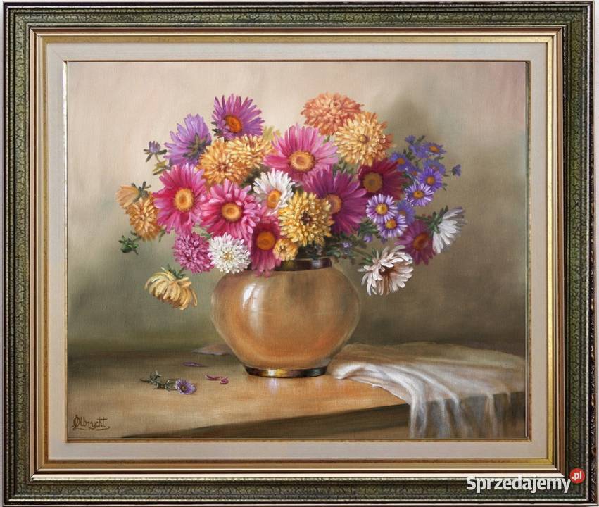 Astry w Wazonie ręcznie malowany olejny L Nowy Sącz