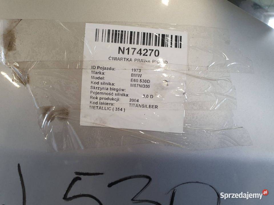 ĆWIARTKA PRAWA PRZÓD BMW E60 530D TITANSILBER Motoryzacja Lipno sprzedam