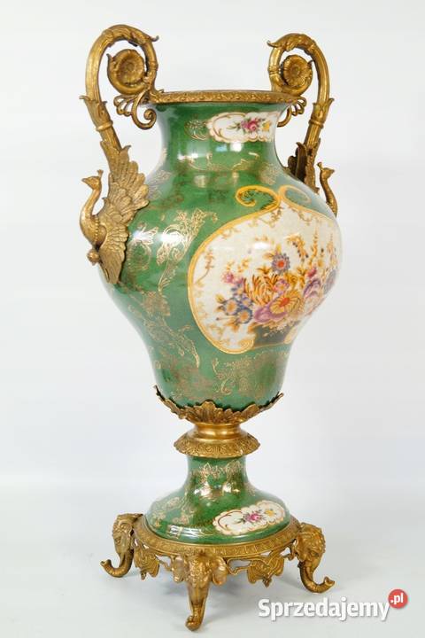 Porcelanowa Waza wazon okuty brązem zielony Antyki, Sztuka, Kolekcje wielkopolskie Gizałki