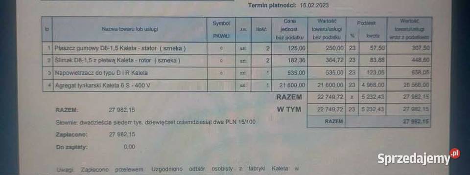 Agregat tynkarski do wylewek Kaleta S 6 400V Biznes i Przemysł Bukowina Tatrzańska