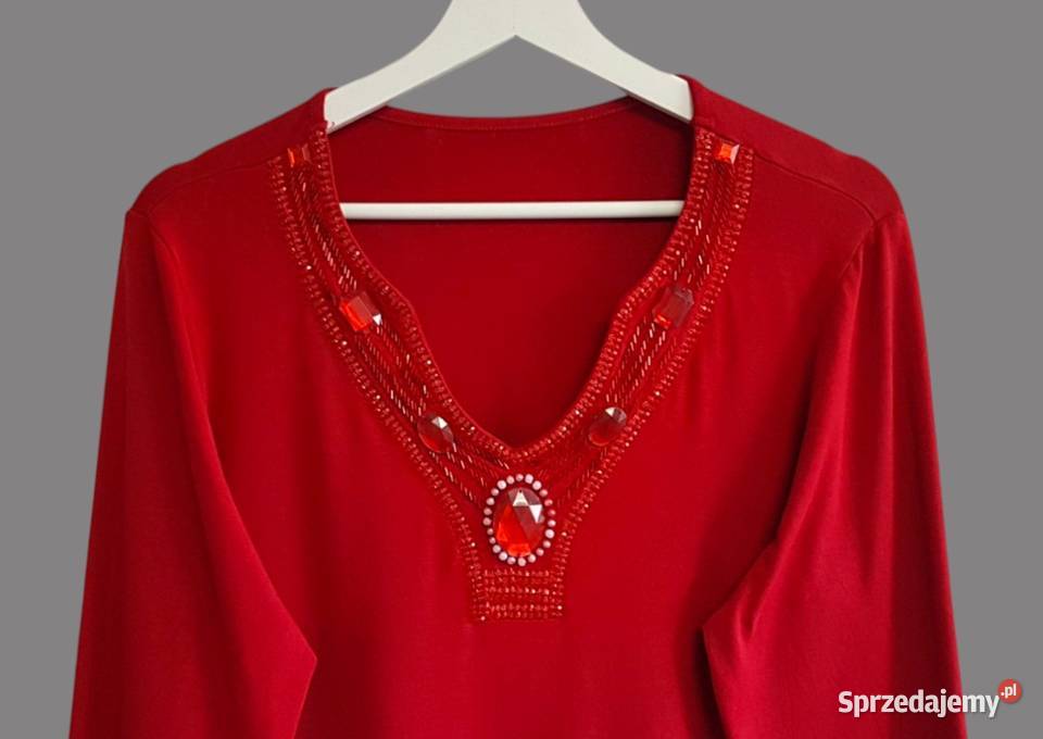 Damska czerwona bawełniana bluzka z długim Bez wzoru Chrzanów