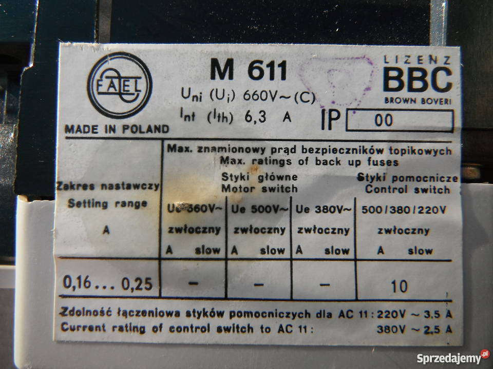 Wyłącznik silnikowy M611 Fael 63A zakres 016025A Chlewiska
