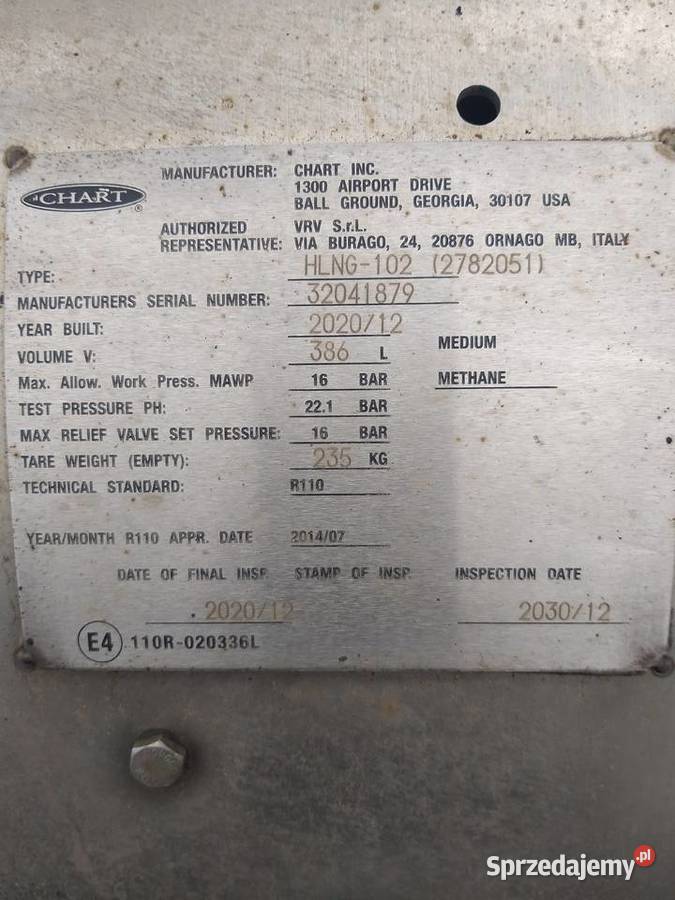 zbiornik gazu Sciania R410 386Litrów LNG sprzedam