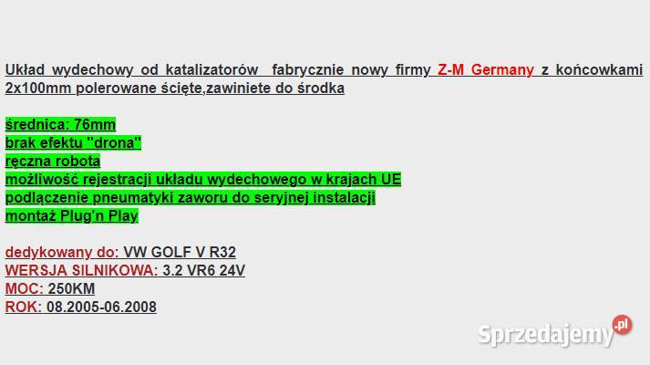 UKŁAD WYDECHOWY AKTYWNY ZM NIEMCY VW GOLF V R32 Szczecin sprzedam