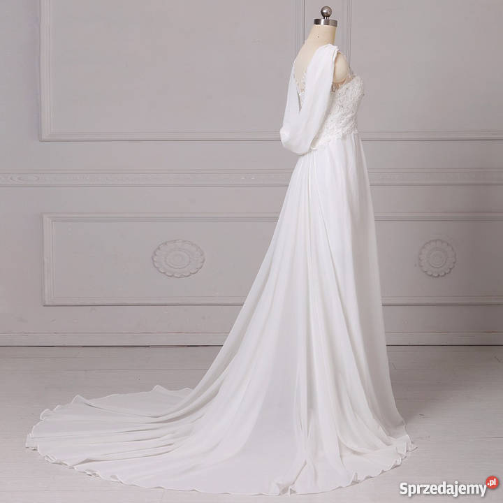 SUKNIA ŚLUBNA tren hafty WESELE CYWILNY 36 38 42 biały
