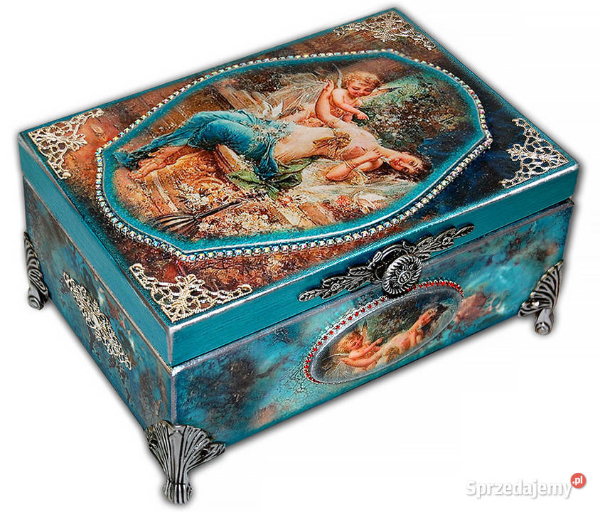 SZKATUŁKA drewniana AMOREK turkus srebro wielokolorowy Bydgoszcz