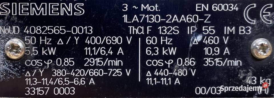 silnik elektryczny 55kW 2915obr 3fazowy SIEMENS sprzedam