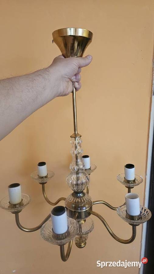 Żyrandol średni mosiężny kryształowy 5 ramienny Katowice sprzedam