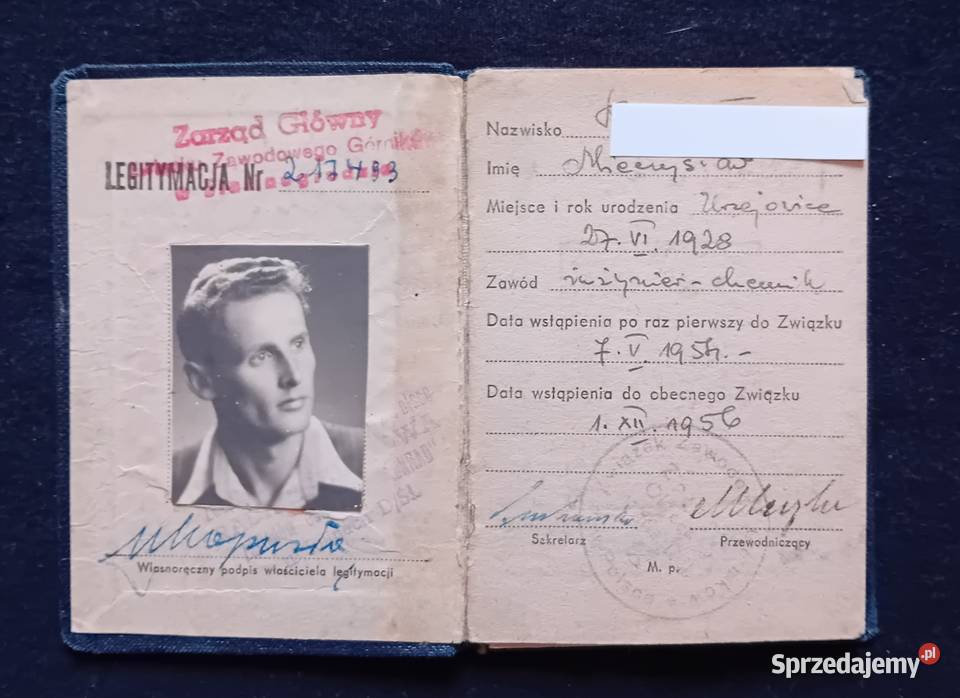 Legitymacja Związku Zawodowego Górników 1956 r Koźminek