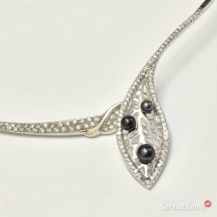 Złoty Naszyjnik 14K BIAŁE złoto CZARNE perły Warszawa sprzedam