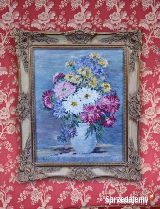 Obraz olejny kwiaty w wazonieżywe kolory Porcelana i szkło