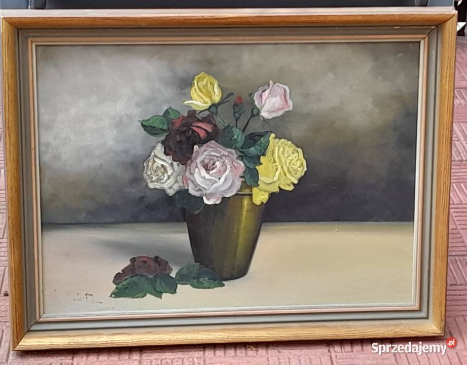 Róże w wazonie martwa natura obraz olejny Iłża