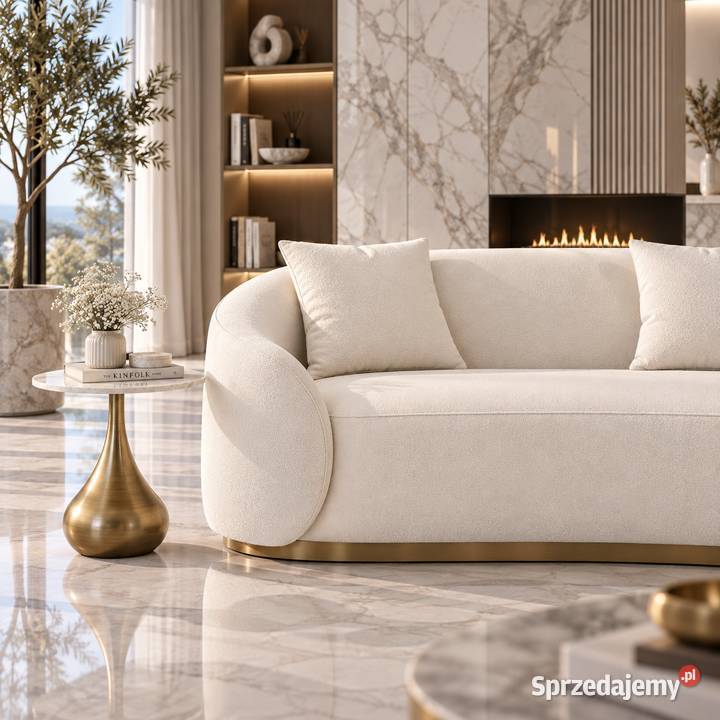 Sofa glamour welurowa biała 220 ze złotą