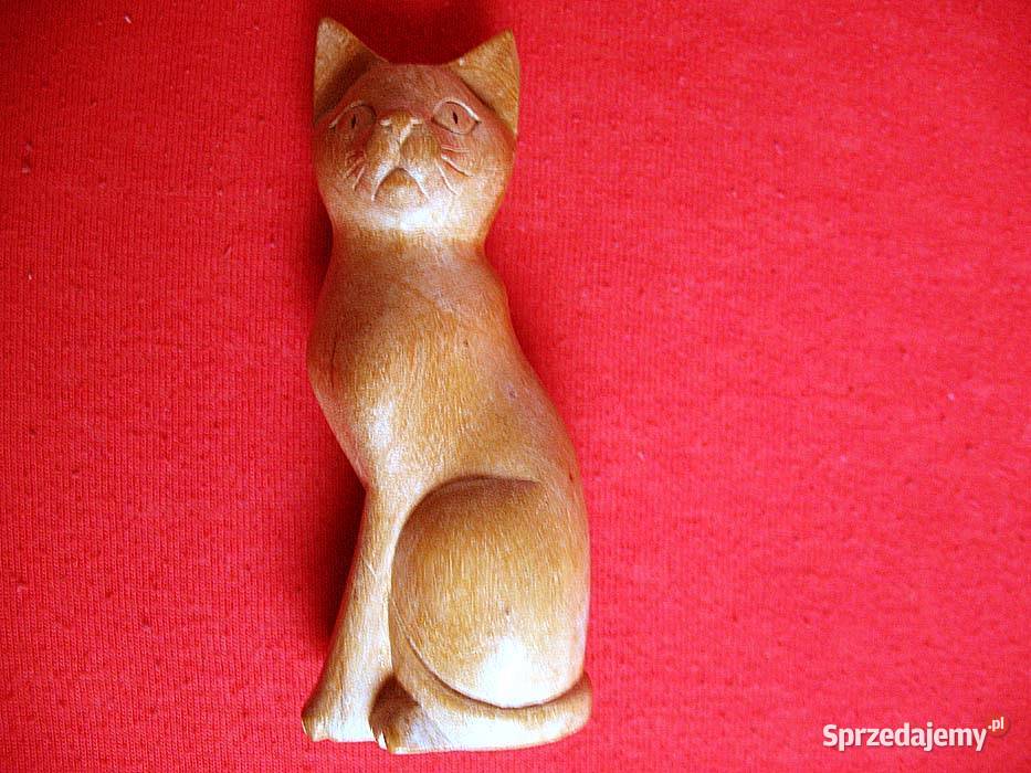 Kot Poważny kotek drewniany figurka stara 115 x beżowy Figurki i rzeźby
