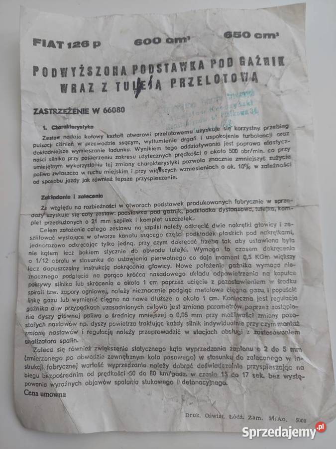 Nowa podstawa gaźnika fiat 126p Mysłowice