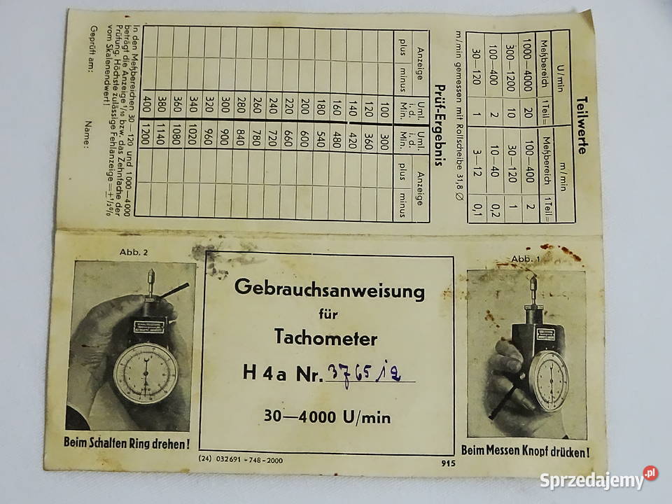 Kolekcjonerski ręczny obrotomierz typ 4 z 1949