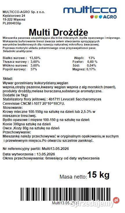 Multi Drożdże 15 Levucell SC Drożdże Bydła Krów Olszewo-Góra