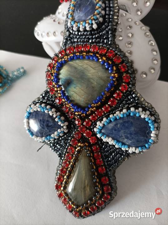 Piękny wisior Krzyż labradoryty sodalitu beading Częstochowa sprzedam